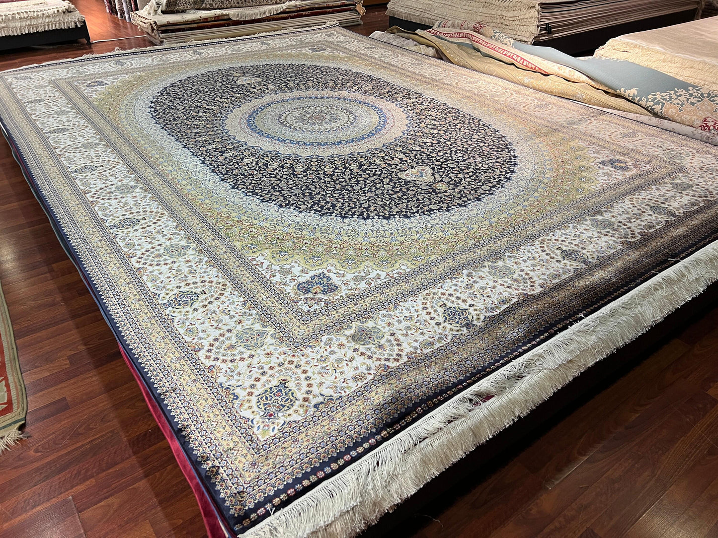 Gold Silk Rug 10x13, Luxury Living Room Rug, Oversized Silk Carpet, Classic Medallion Rug