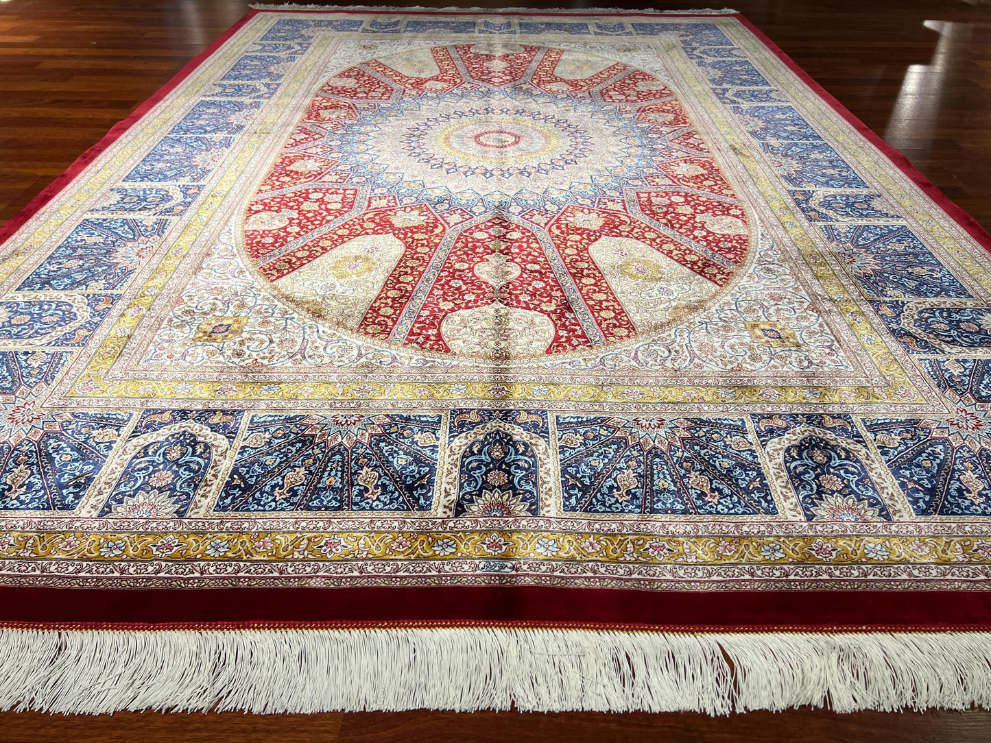 5x8 ft Red Blue Medallion Silk Rug Luxury Traditional Silk Carpet Living Room Area Rug