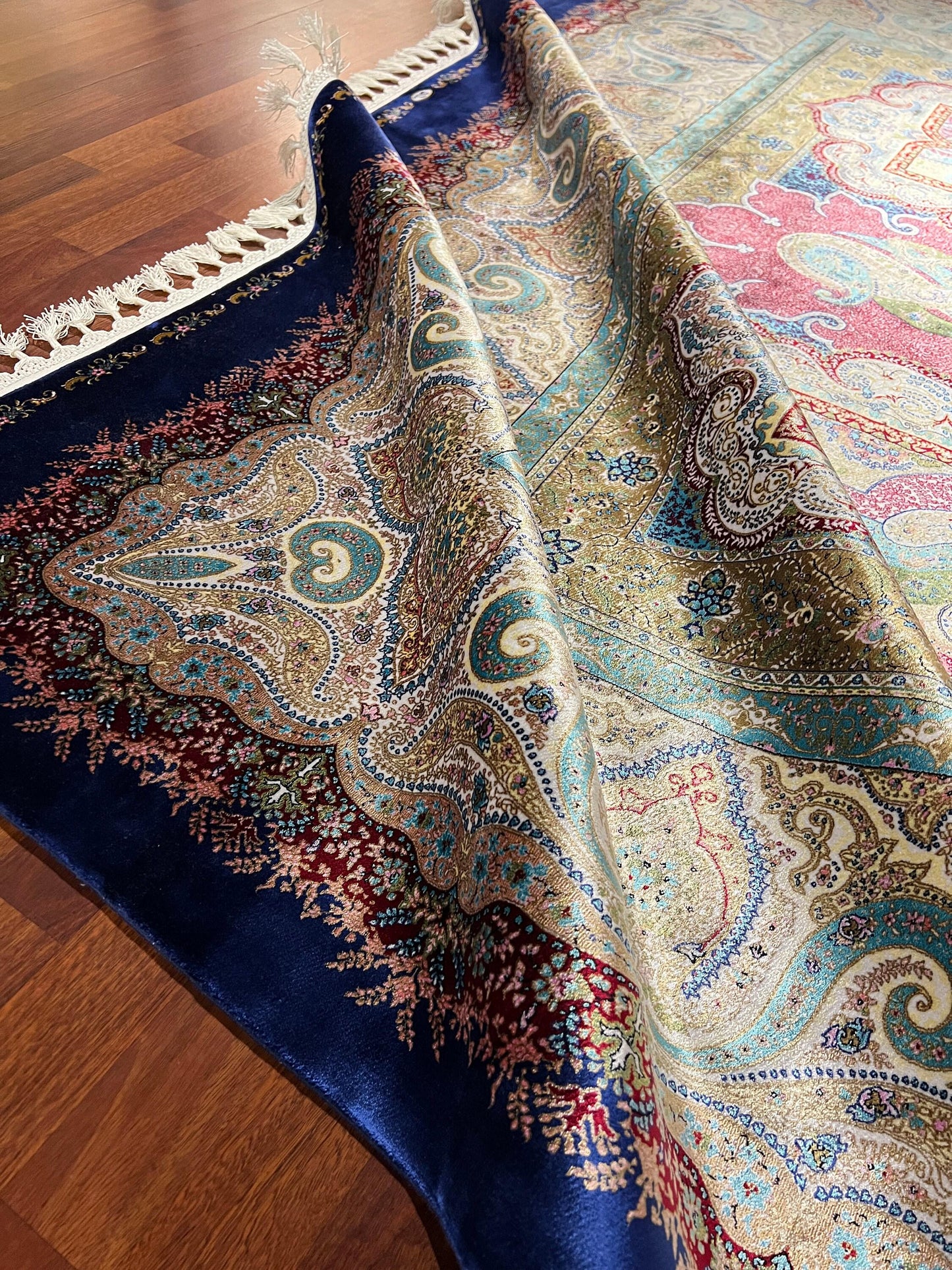 8x11 ft Pink Blue Silk Rug Large Luxury Medallion Area Rug Elegant Living Room Decorative Silk Carpet