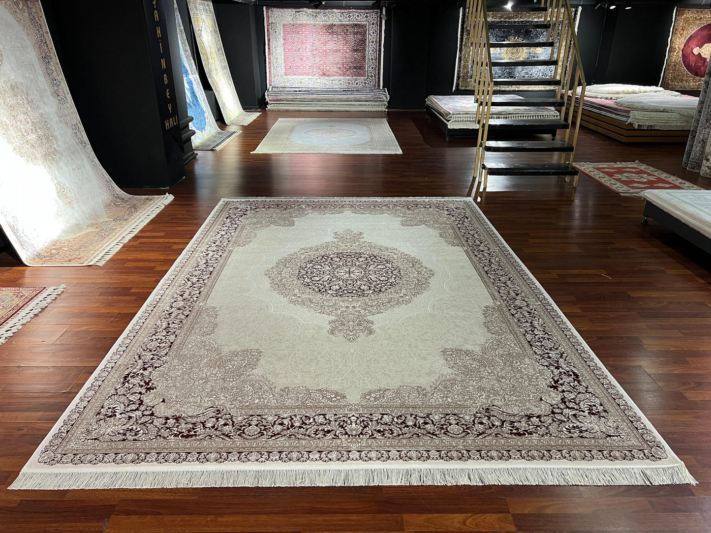 8x11 ft Beige Bamboo Rug Luxury Large Area Rug Elegant Medallion Living Room Rug Classic Soft Decorative Carpet