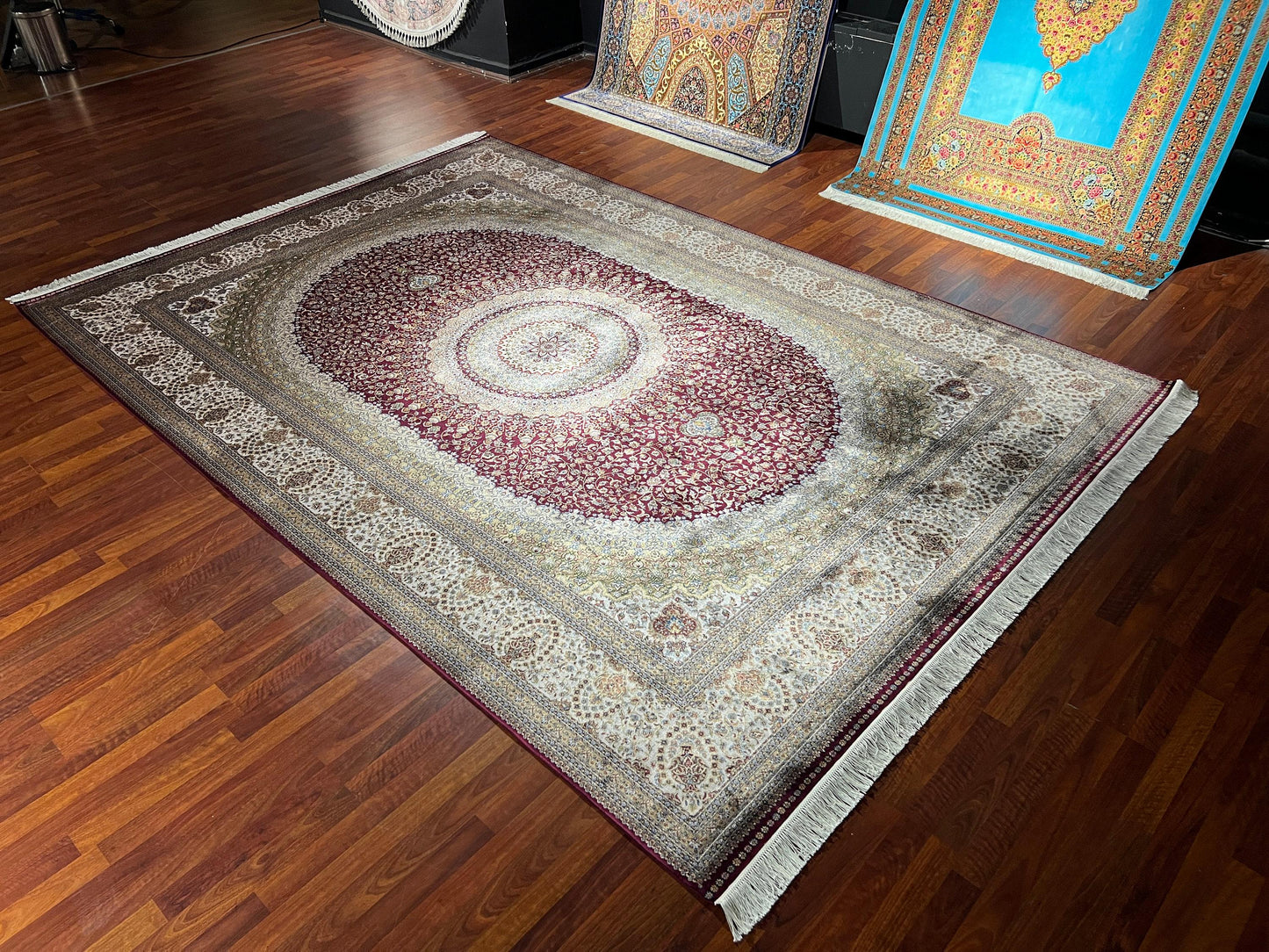 8x11 ft Beige Red Silk Rug, Luxury Medallion Area Rug, Elegant Classic Living Room Rug, Decorative Palace Style Carpet