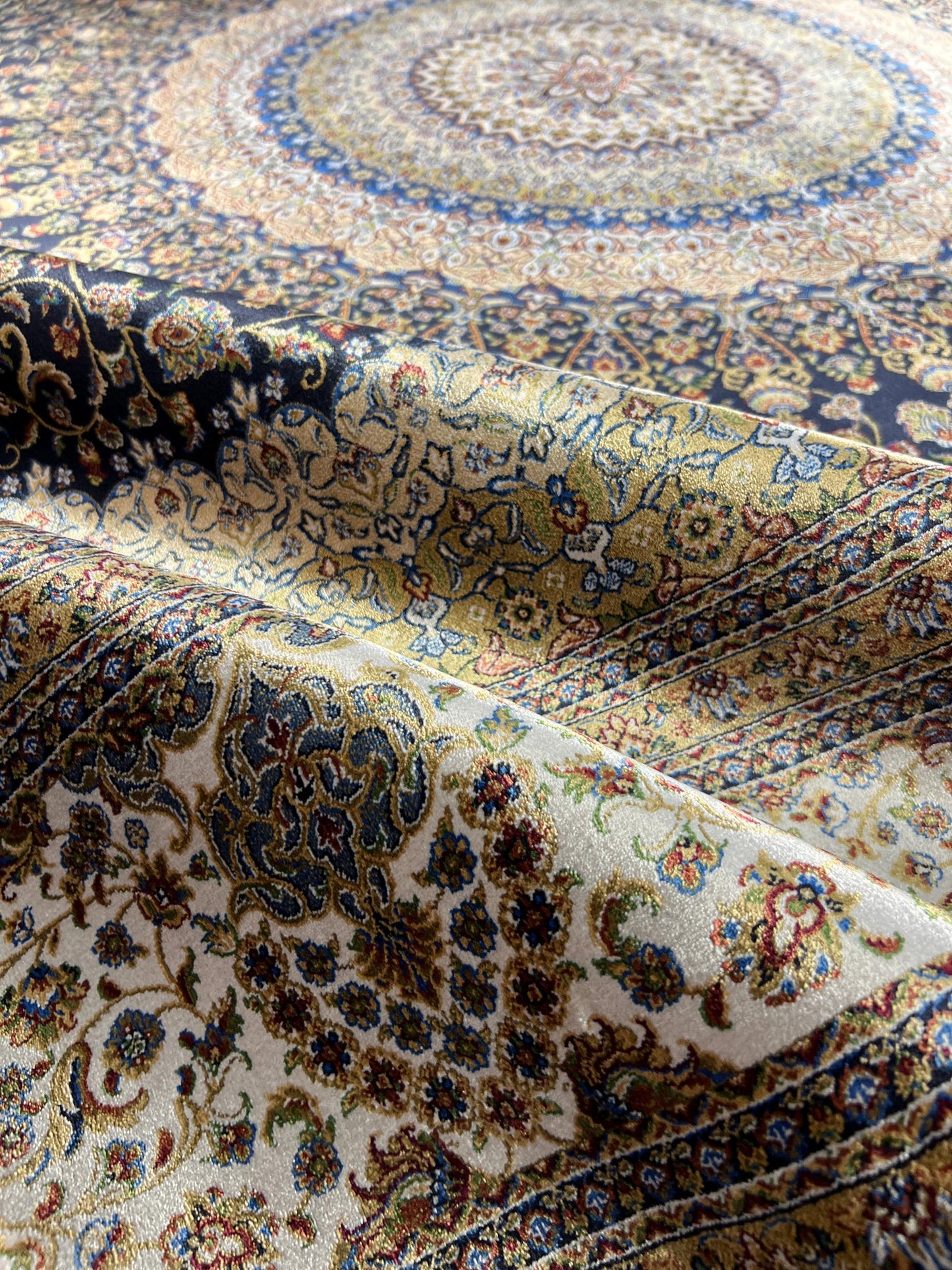 8x11 ft Beige Gold Silk Rug, Luxury Large Area Rug, Elegant Medallion Living Room Rug, Classic Decorative Soft Carpet