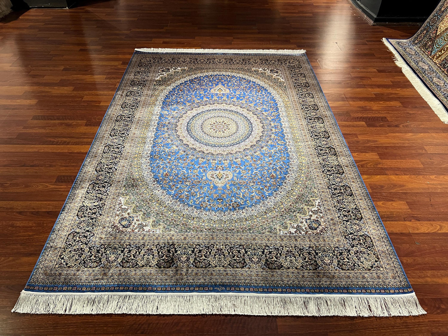 5x8 Blue Medallion Bamboo Silk Rug, Luxury Living Room Area Carpet, Elegant Floral Pattern Home Decor