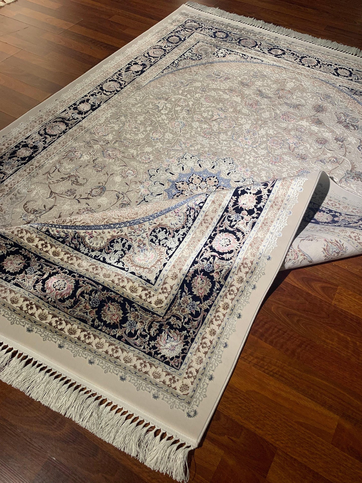 7x10 ft Cream Navy Blue Silk Rug, Large Area Rug, Elegant Medallion Living Room Rug, Classic Decorative Carpet