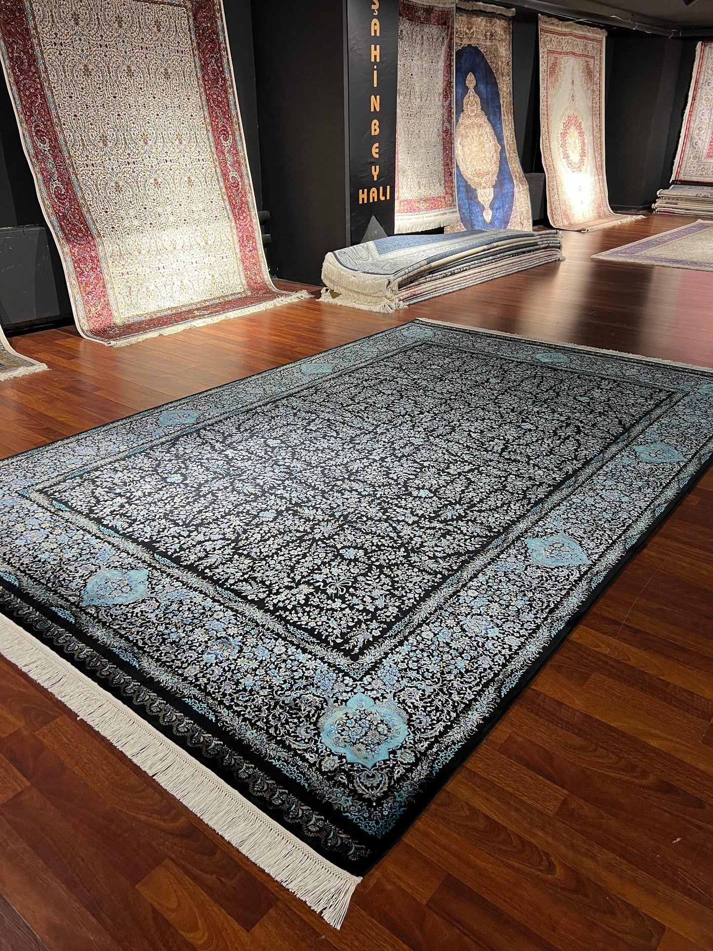7x10 ft Black Silk Rug, Turquoise Accent Luxury Rug, Large Area Rug, Elegant Classic Living Room Carpet