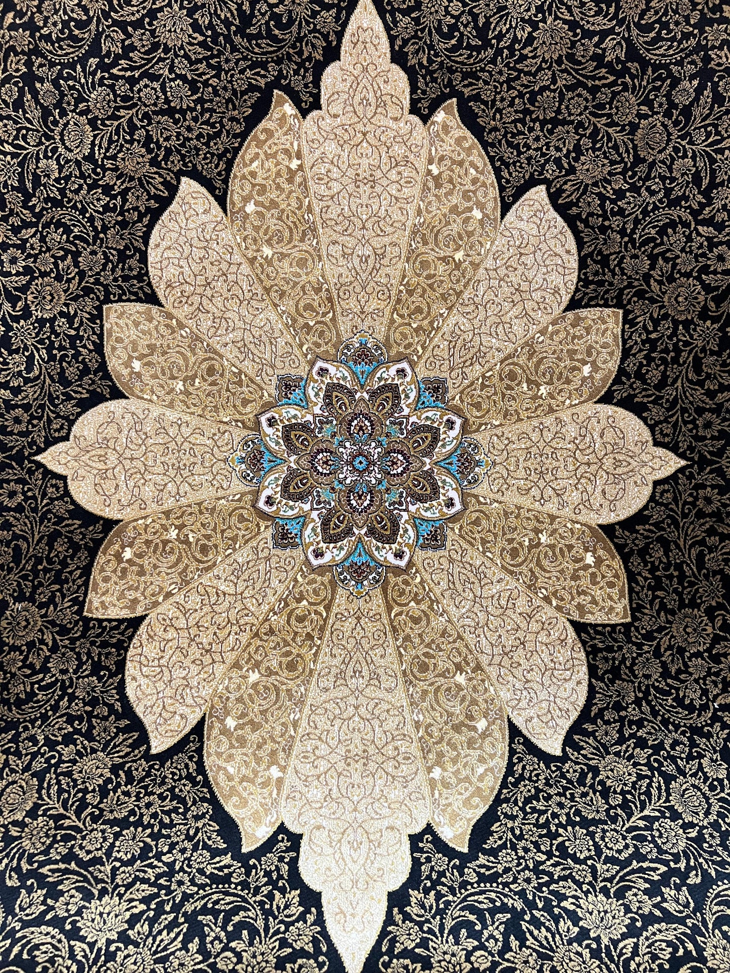 7x10 ft Black Gold Silk Rug, Luxury Medallion Area Rug, Elegant Palace Style Living Room Carpet