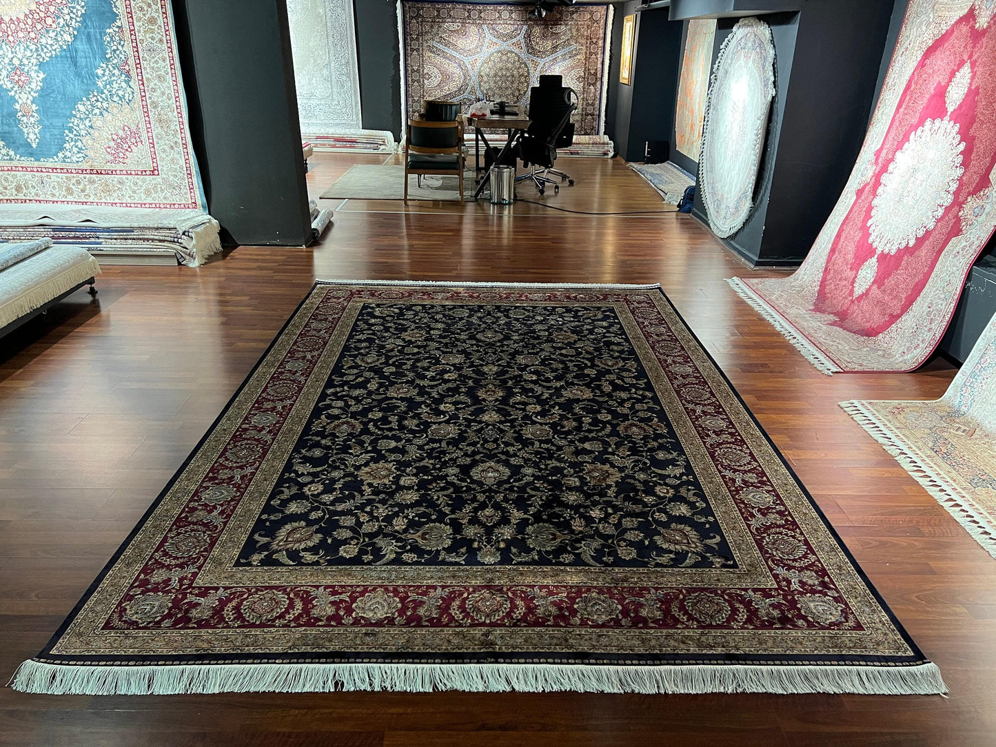 8x11 ft Red Blue Floral Silk Rug Luxury Large Area Rug Elegant Classic Living Room Rug Decorative Statement Carpet