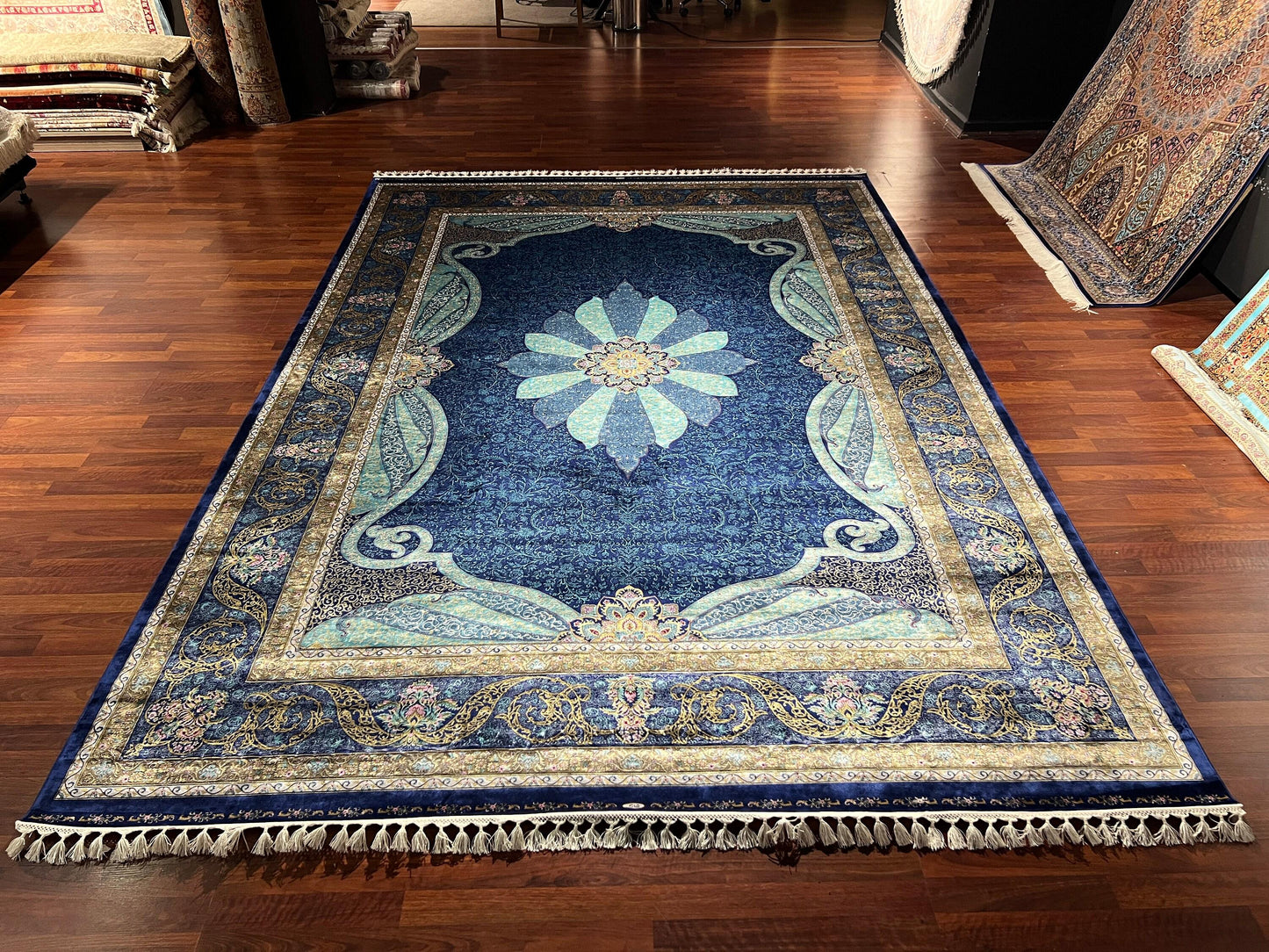 8x11 ft Blue Medallion Silk Rug, Luxury Large Area Rug, Elegant Floral Living Room Rug, Classic Decorative Statement Carpet