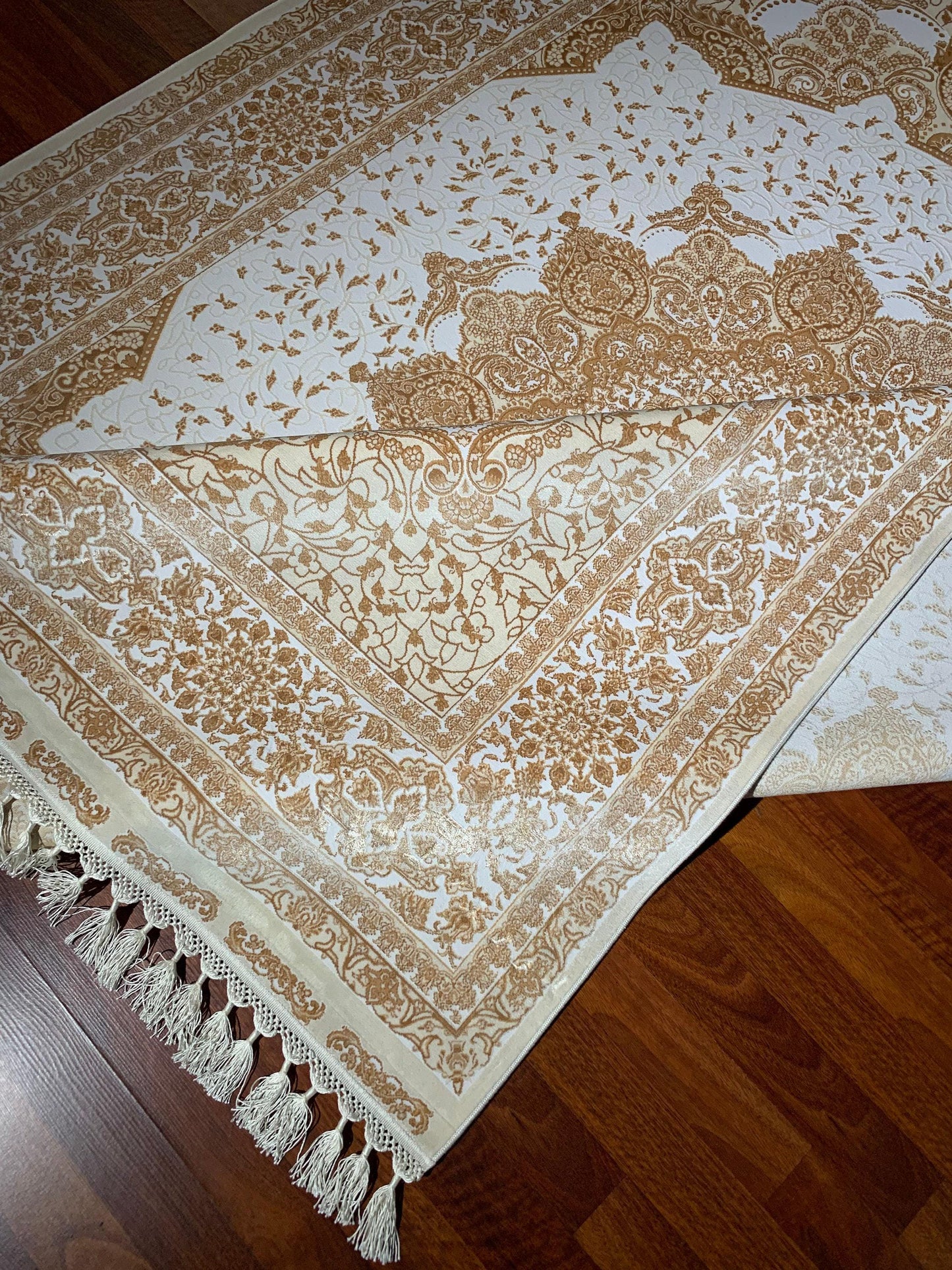 7x10 ft Beige Gold Silk Rug, Elegant Medallion Luxury Area Rug, Classic Neutral Living Room Carpet