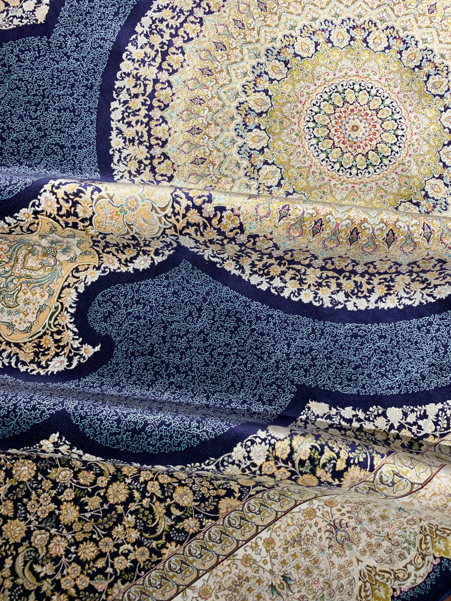 7x10 ft Blue Medallion Bamboo Silk Rug, Elegant Classic Luxury Area Rug, Navy Cream Living Room Carpet