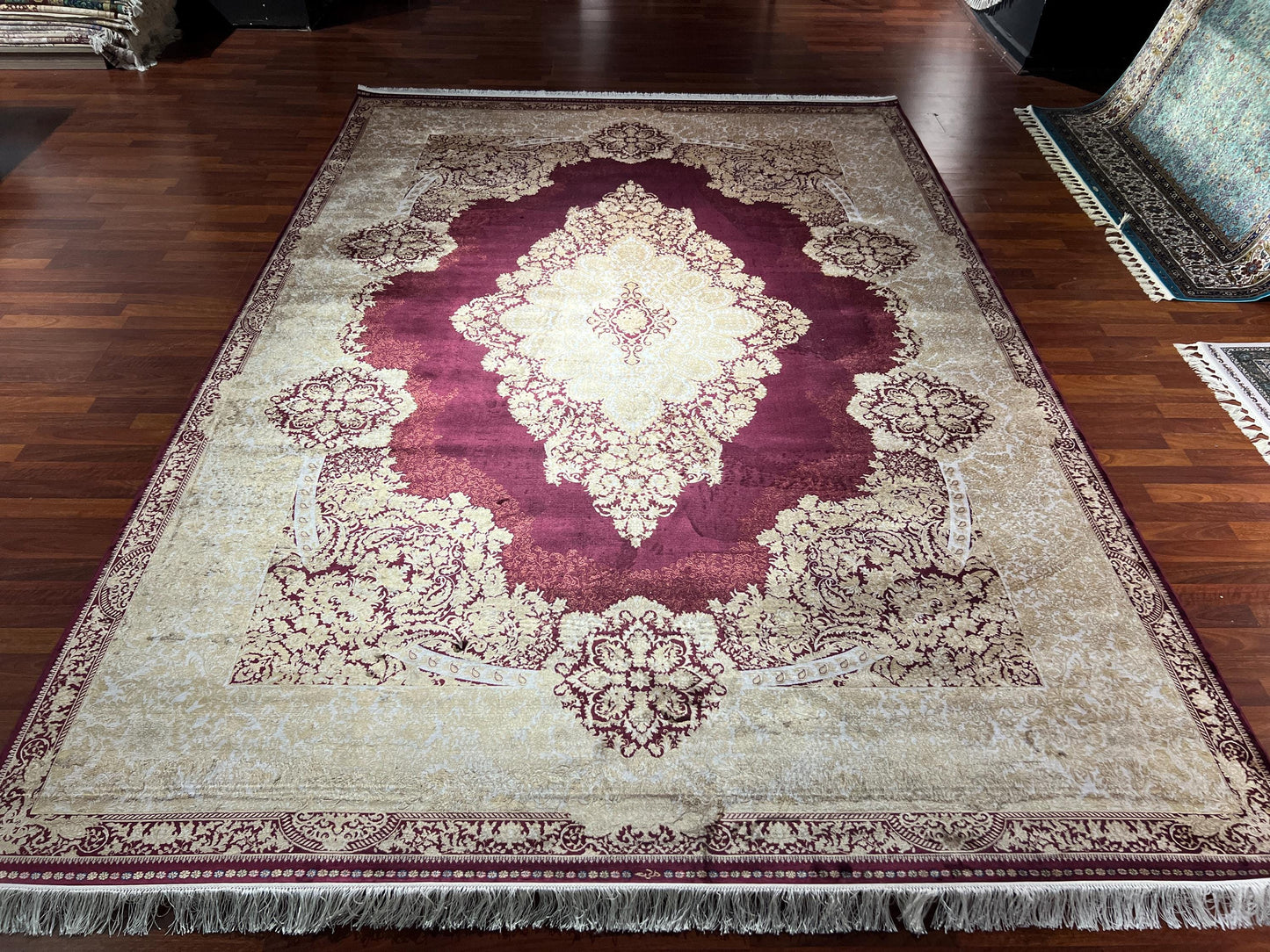 8x11 ft Gold Beige Bamboo Silk Rug, Luxury Large Area Rug, Elegant Medallion Living Room Rug, Soft Decorative Oversized Carpet