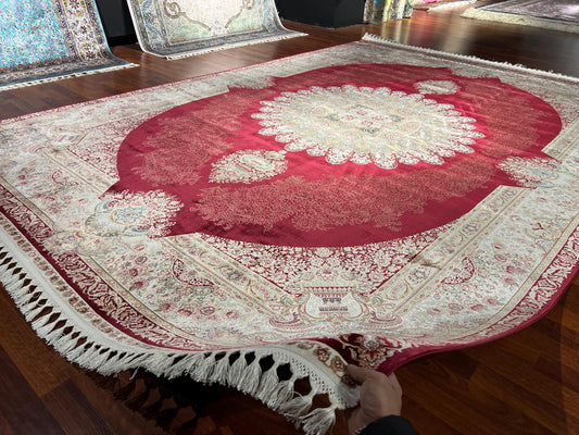 10x13 ft Red Cream Silk Rug, Luxury Large Area Rug, Elegant Medallion Living Room Rug, Classic Decorative Soft Carpet
