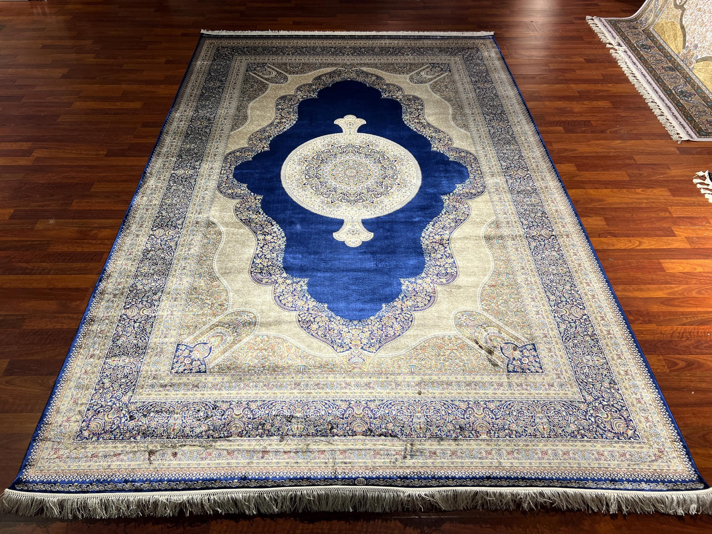 7x10 ft Beige Blue Silk Rug, Luxury Large Area Rug, Elegant Medallion Living Room Rug, Classic Decorative Palace Carpet