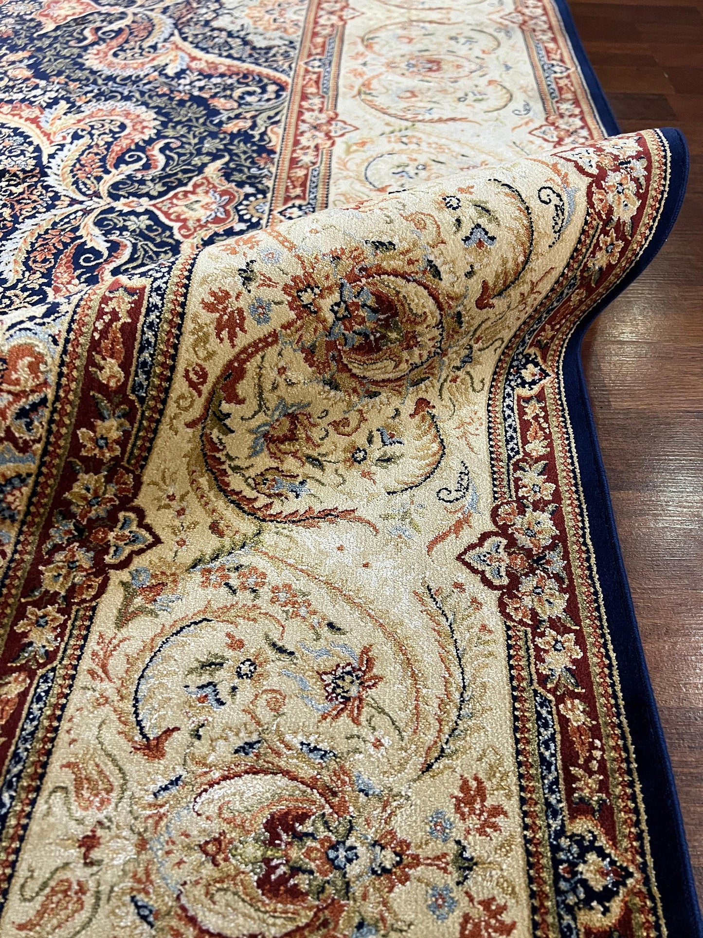 7x10 ft Navy Gold Silk Rug, Ornate Medallion Luxury Area Rug, Classic Elegant Living Room Carpet