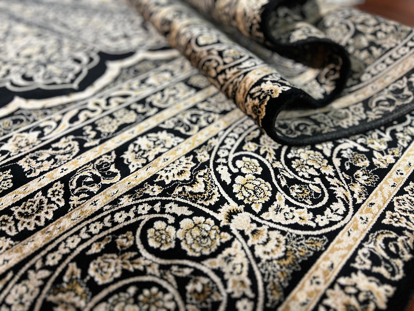7x10 ft Black White Silk Rug, Modern Classic Medallion Area Rug, Luxury Living Room Carpet