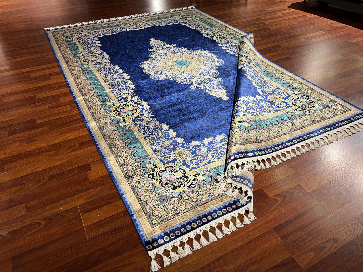 7x10 Royal Blue Silk Rug, Floral Medallion Luxury Area Rug, Elegant Classic Silk Carpet, Soft Premium Living Room Rug