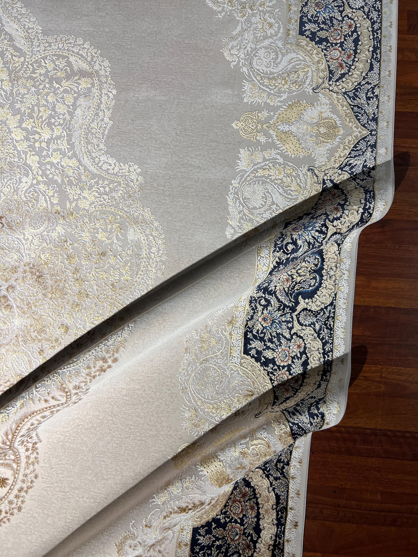 7x10 Classic Silk Rug, Beige Blue Elegant Area Rug, Luxury Silk Carpet, Ornamental Living Room Rug