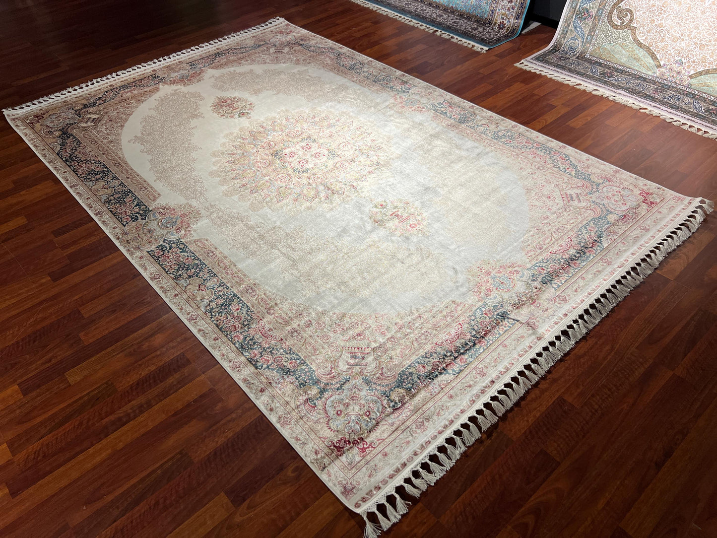 7x10 Cream Blue Silk Rug, Elegant Medallion Area Rug, Luxury Silk Carpet, Classic Living Room Rug