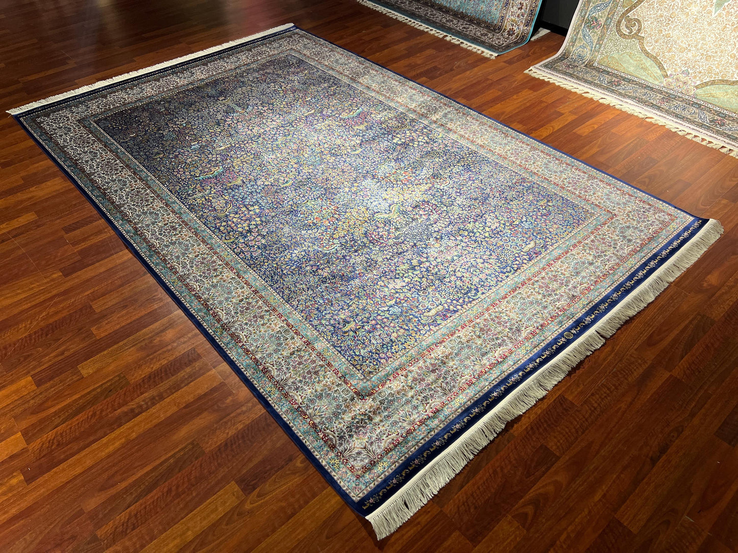 7x10 Soft Blue Silk Rug, Dense Floral Luxury Rug, Oversized Elegant Silk Carpet, Classic Living Room Rug