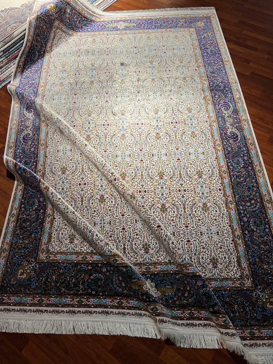 7x10 ft Beige Blue Silk Rug, Luxury Large Area Rug, Elegant Classic Living Room Rug, Decorative Floral Carpet