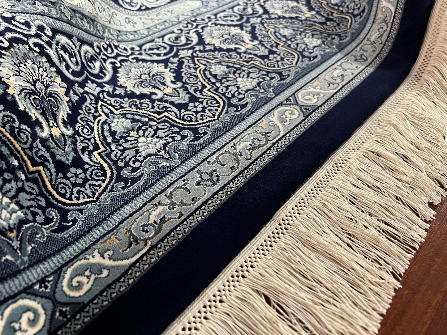 7x10 ft Navy Blue Silk Rug, Luxury Large Area Rug, Elegant Medallion Living Room Rug, Classic Decorative Carpet