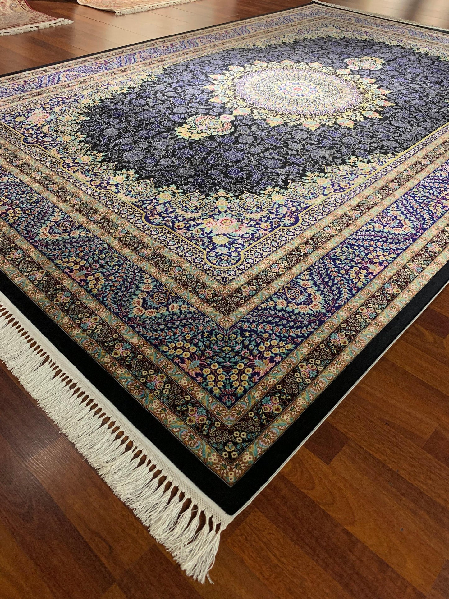 7x10 ft Black Blue Silk Rug, Luxury Floral Medallion Area Rug, Elegant Classic Living Room Carpet