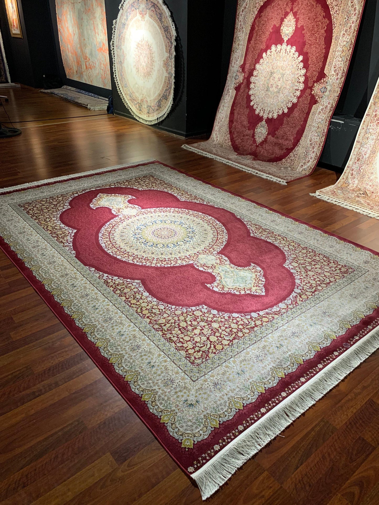 7x10 ft Red Beige Silk Rug, Luxury Medallion Area Rug, Elegant Classic Living Room Carpet