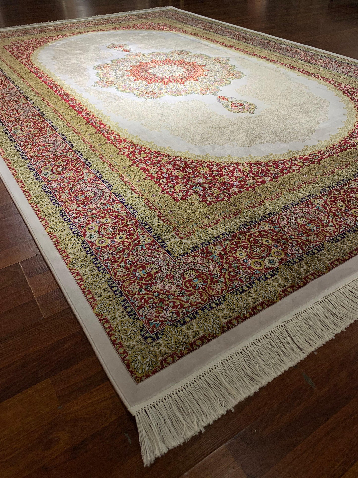 7x10 ft Beige Red Silk Rug, Classic Medallion Luxury Area Rug, Elegant Traditional Living Room Carpet