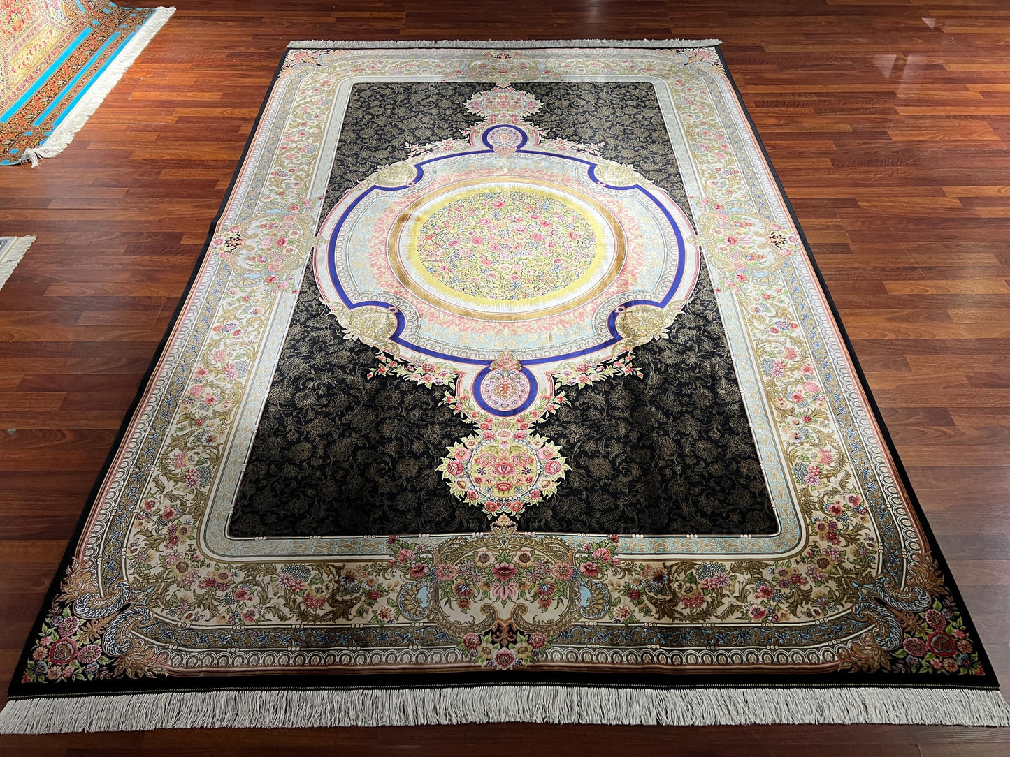 7x10 Black Gold Silk Rug, Floral Medallion Rug, Turkish Area Rug, Luxury Living Room Rug, Large Rug