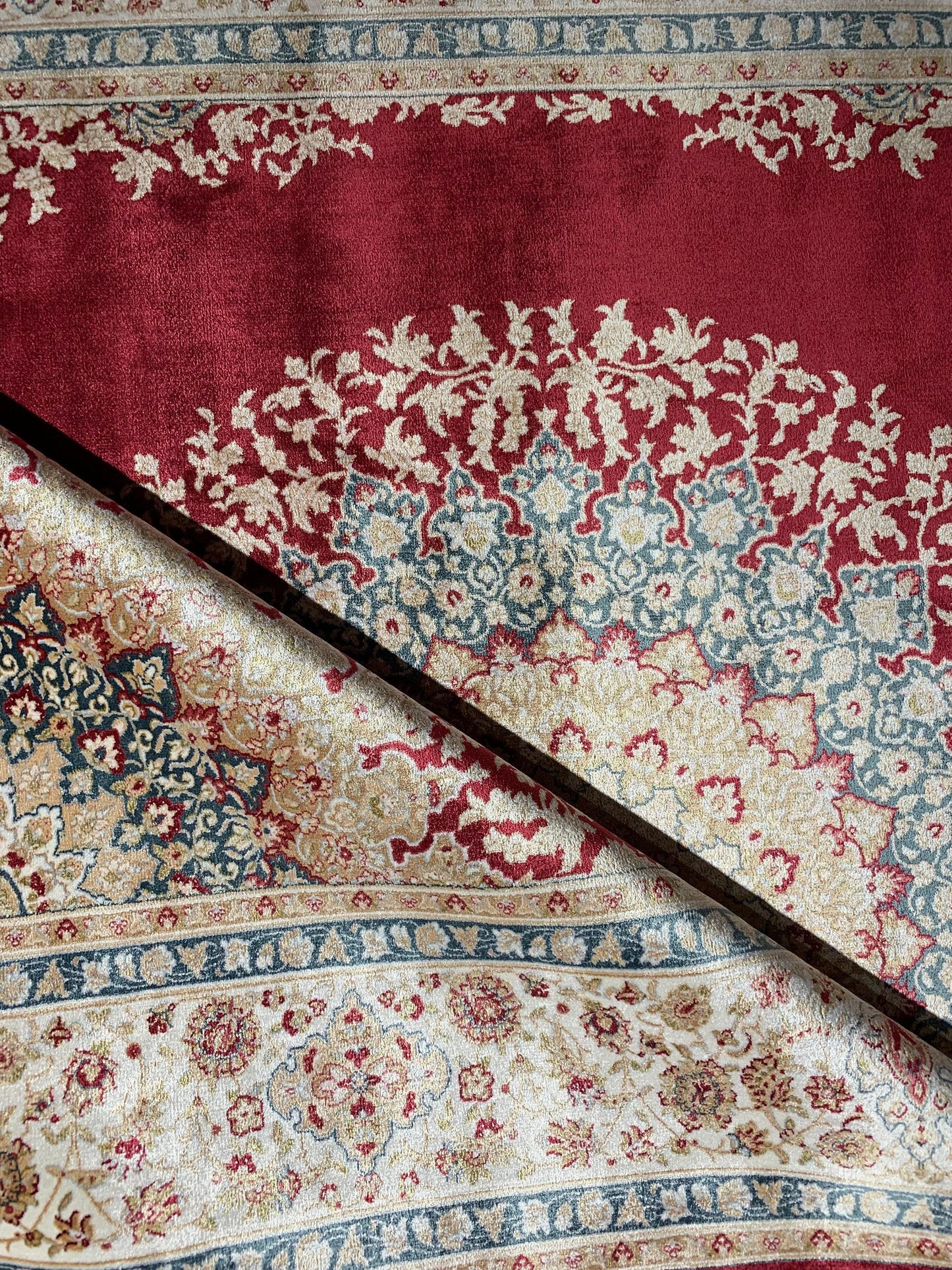 7x10 ft Red Beige Silk Rug, Elegant Medallion Luxury Area Rug, Soft Classic Living Room Carpet