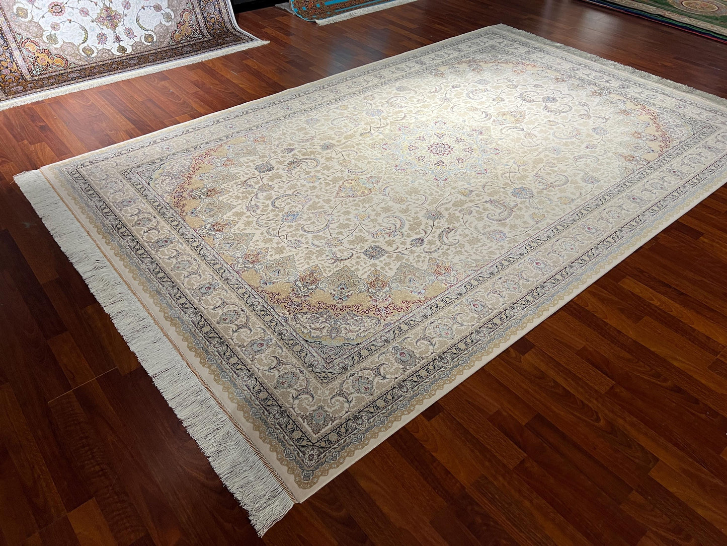 7x10 Cream Silk Rug, Floral Medallion Rug, Turkish Area Rug, Luxury Living Room Rug, Large Rug