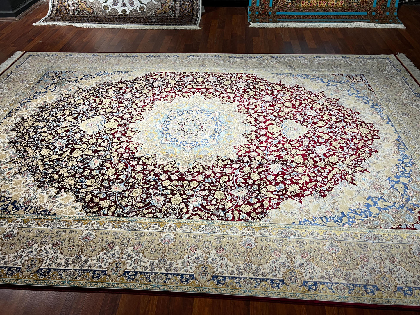 7x10 Red Beige Silk Rug, Floral Medallion Rug, Turkish Area Rug, Luxury Living Room Rug, Large Rug