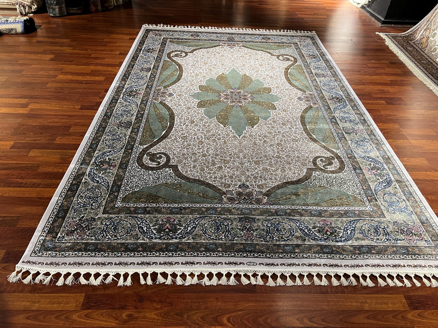 7x10 Green Medallion Silk Rug, Cream Area Rug, Turkish Silk Carpet, Luxury Living Room Rug