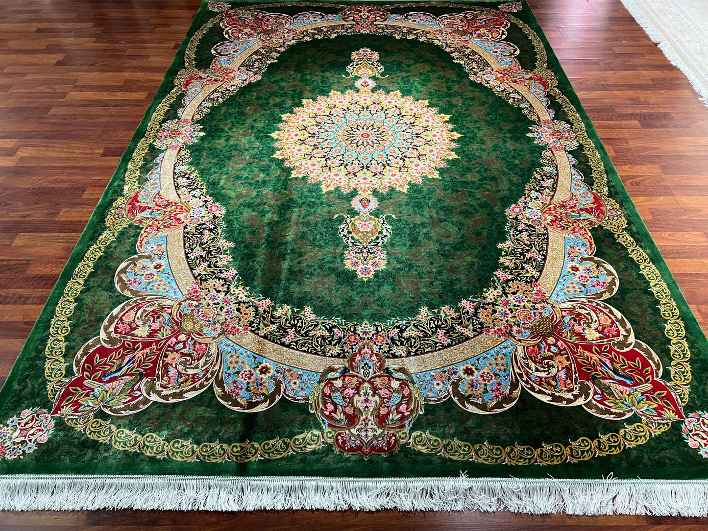 7x10 Green Silk Rug, Medallion Area Rug, Turkish Silk Carpet, Luxury Living Room Rug