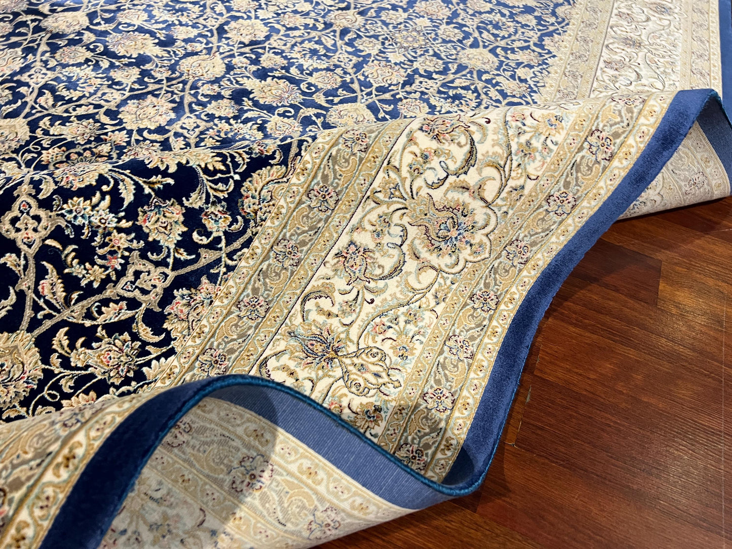 7x10 Blue Gold Silk Rug, Floral Pattern Area Rug, Turkish Silk Carpet, Luxury Living Room Rug