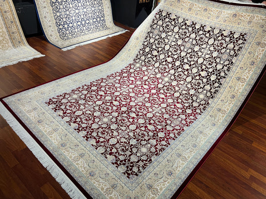 10x13 Red Floral Silk Rug, Ivory Border Classic Rug, Turkish Area Rug, Luxury Living Room Rug
