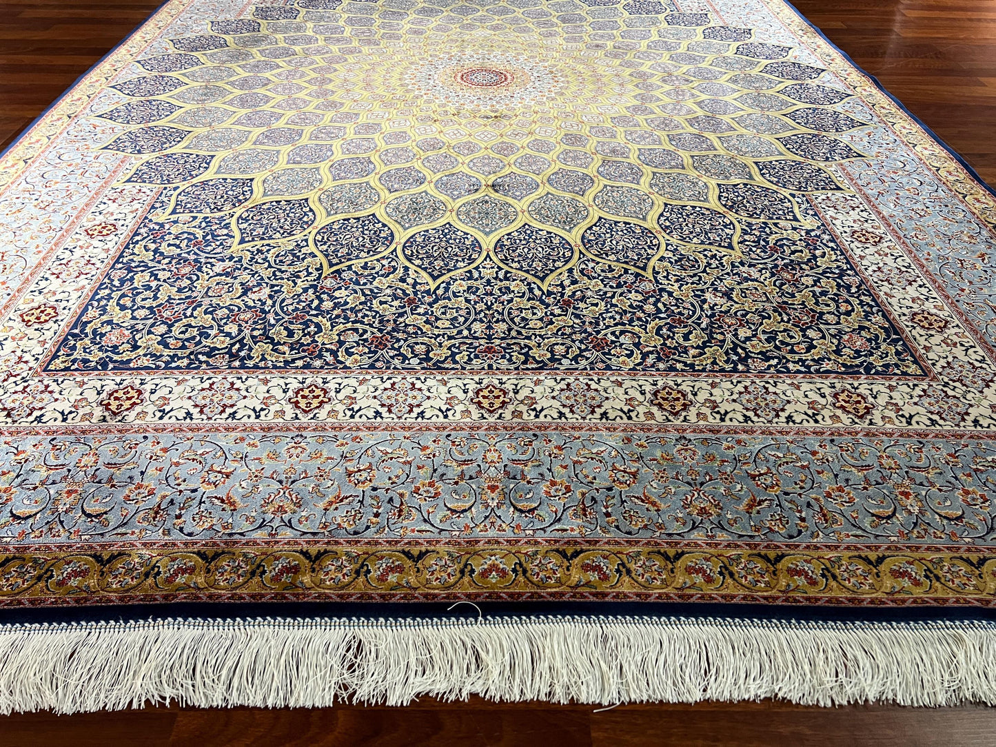 7x10 Gold Beige Medallion Rug, Oriental Silk Rug, Turkish Area Rug, Luxury Living Room Rug