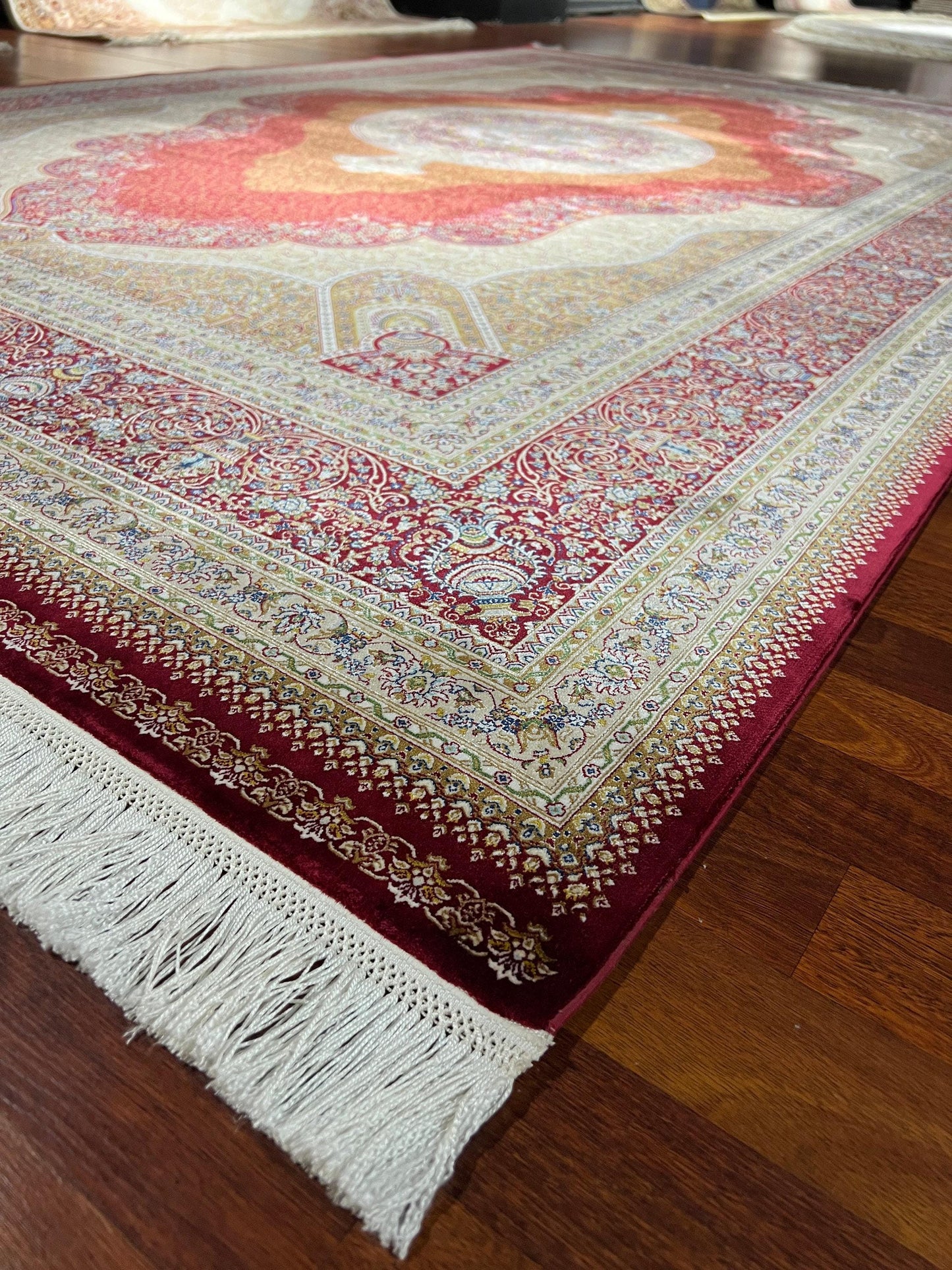 7x10 ft Red Gold Silk Rug, Royal Medallion Luxury Area Rug, Elegant Classic Living Room Carpet