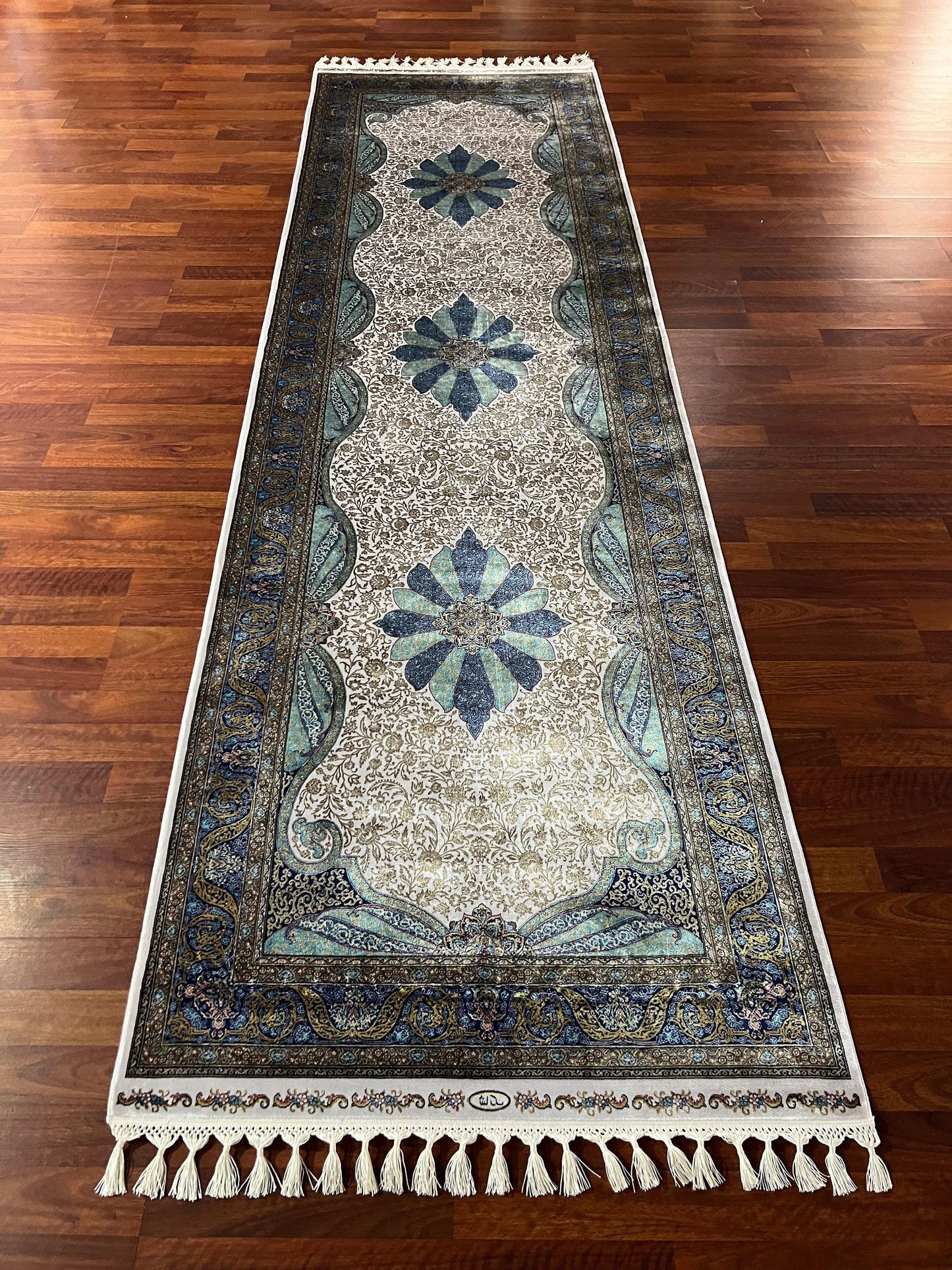 3x10 Blue Beige Silk Runner Rug, Turkish Silk Rug, Luxury Hallway Entry Rug