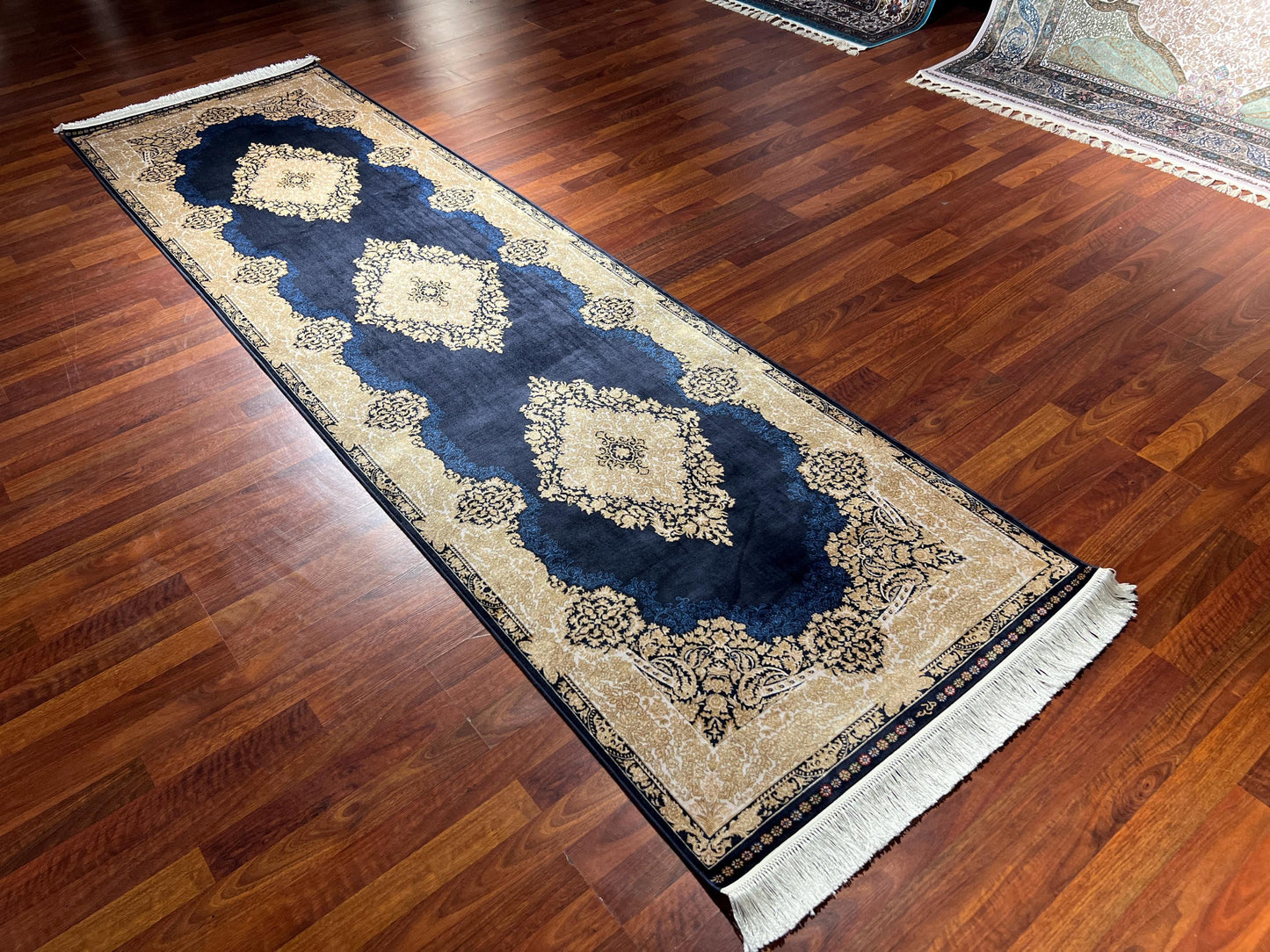 3x10 Blue Silk Runner Rug, Turkish Area Rug, Gold Hallway Carpet