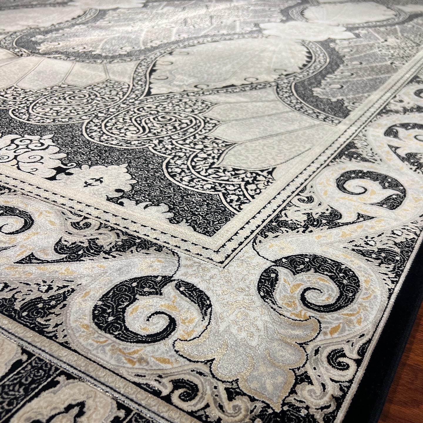 7x10 ft Black White Silk Rug, Bold Medallion Luxury Area Rug, Classic Statement Living Room Carpet