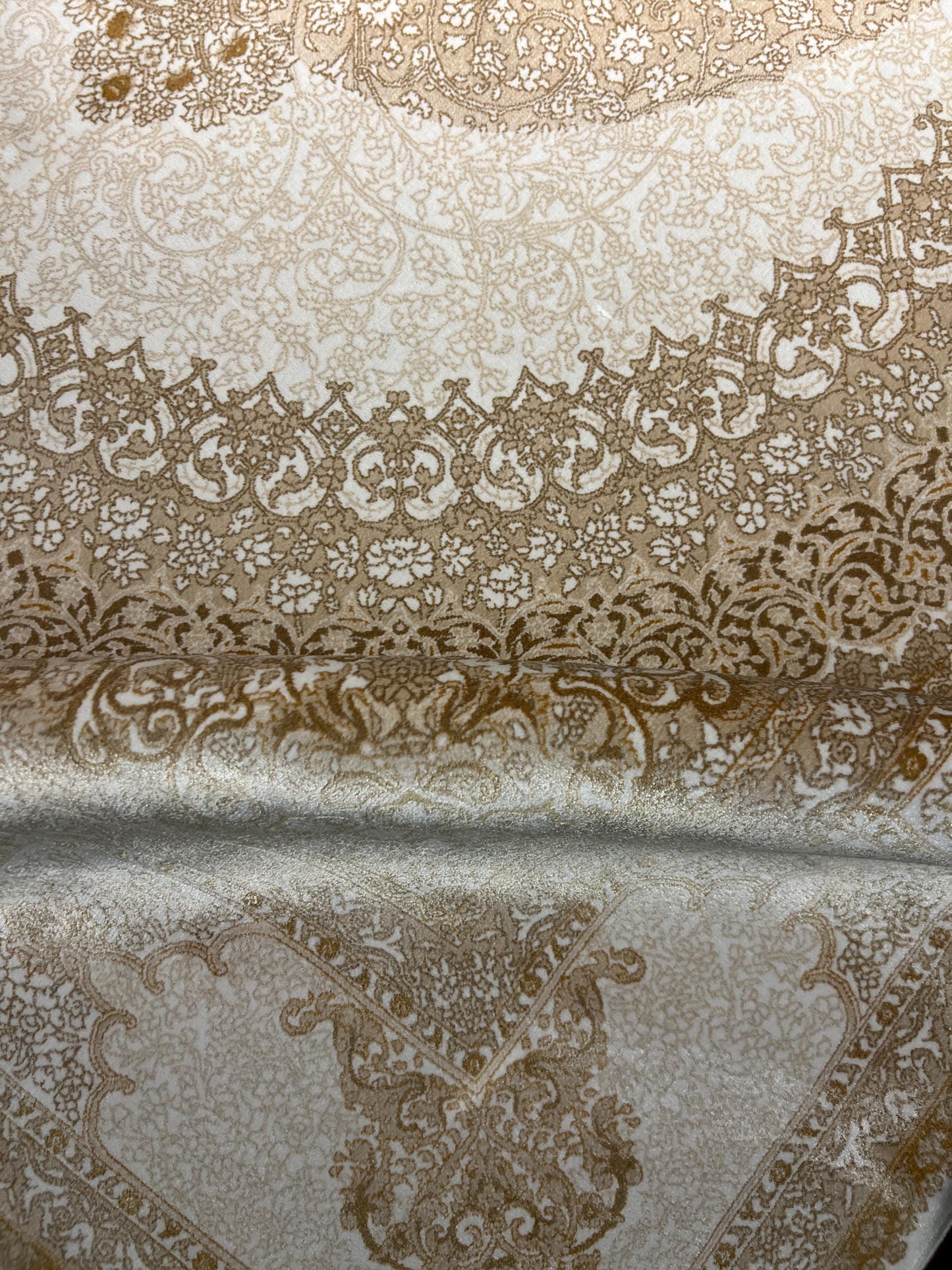 7x10 ft Beige Silk Rug, Elegant Classic Medallion Area Rug, Luxury Neutral Living Room Carpet