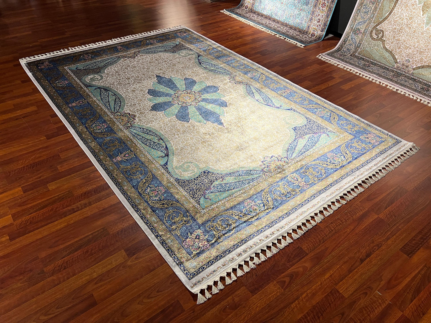 7x10 Blue Beige Silk Rug, Floral Medallion Area Rug, Luxury Soft Silk Carpet, Elegant Living Room Rug, Fringe Classic Rug