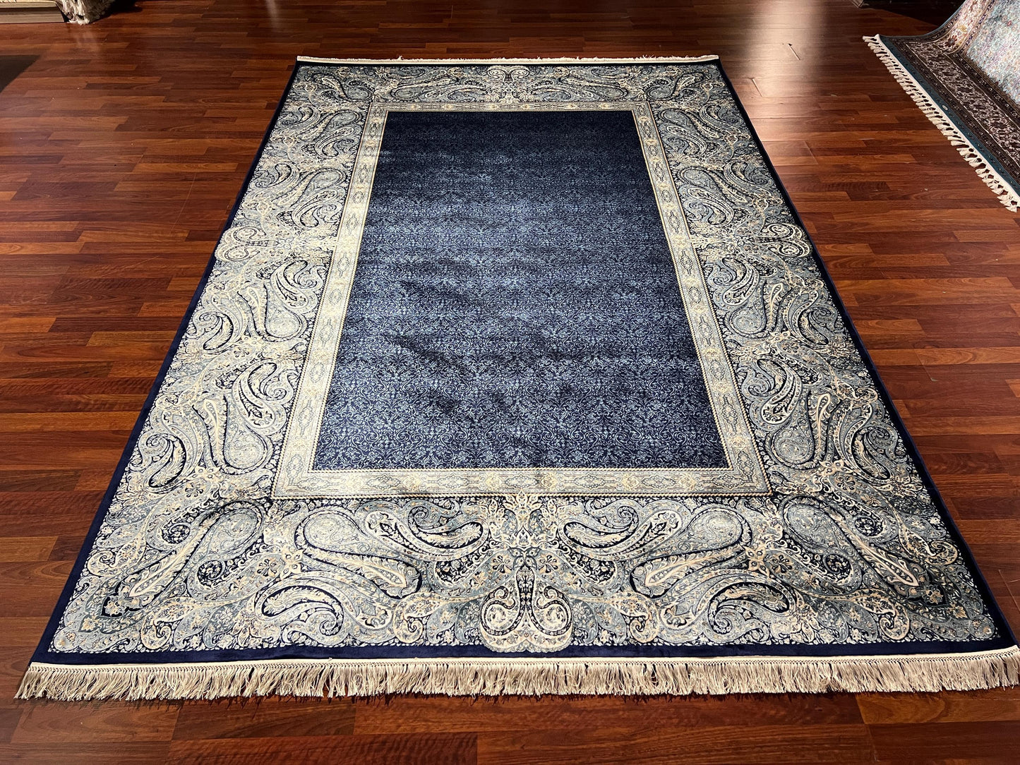 7x10 Navy Blue Silk Rug, Elegant Border Pattern Area Rug, Luxury Soft Silk Carpet, Classic Living Room Rug
