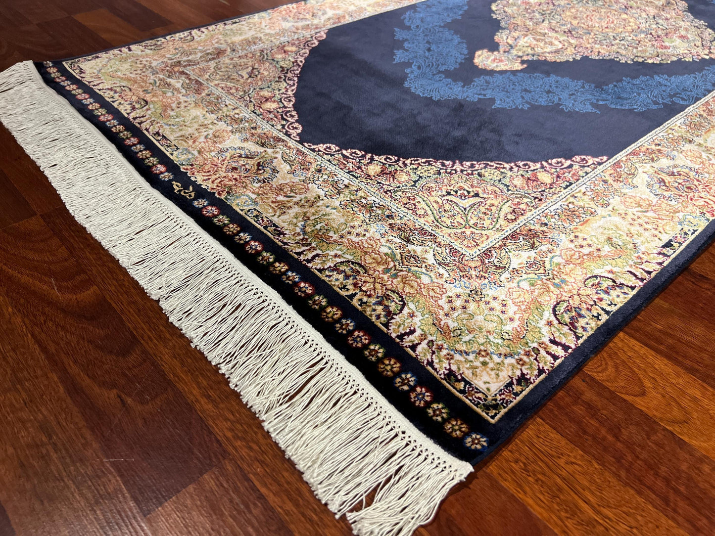 3x10 Blue Gold Silk Runner Rug, Turkish Area Rug, Oriental Hallway Rug, Luxury Carpet