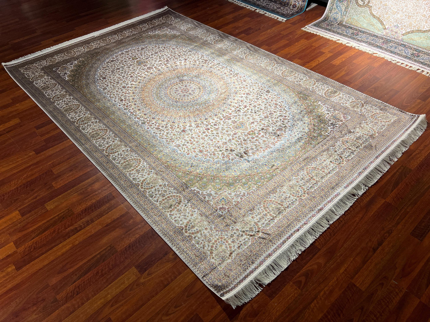 7x10 Beige Medallion Silk Rug, Elegant Floral Area Rug, Luxury Bamboo Silk Carpet, Classic Living Room Rug