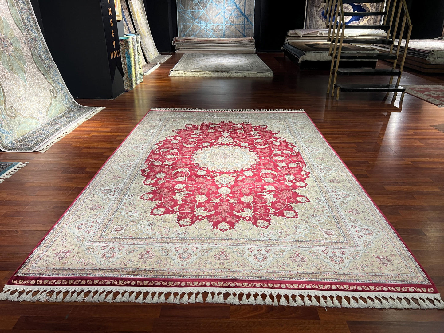 7x10 Red Beige Silk Rug, Elegant Medallion Area Rug, Luxury Oversized Silk Carpet, Classic Living Room Rug