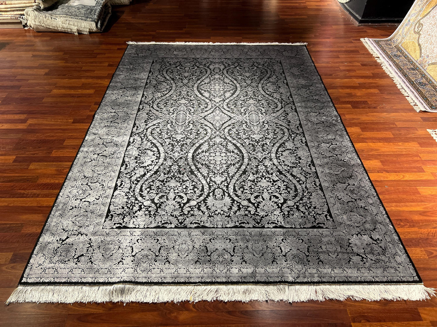 Gray Black Silk Rug 7x10, Luxury Living Room Rug, Palace Silk Carpet, Turkish Silk Rug, Large Rug