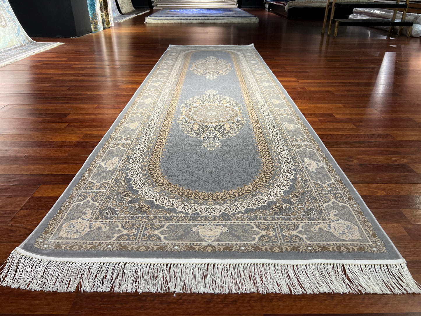 3x10 Gray Gold Bamboo Silk Runner Rug, Turkish Area Rug, Luxury Hallway Carpet