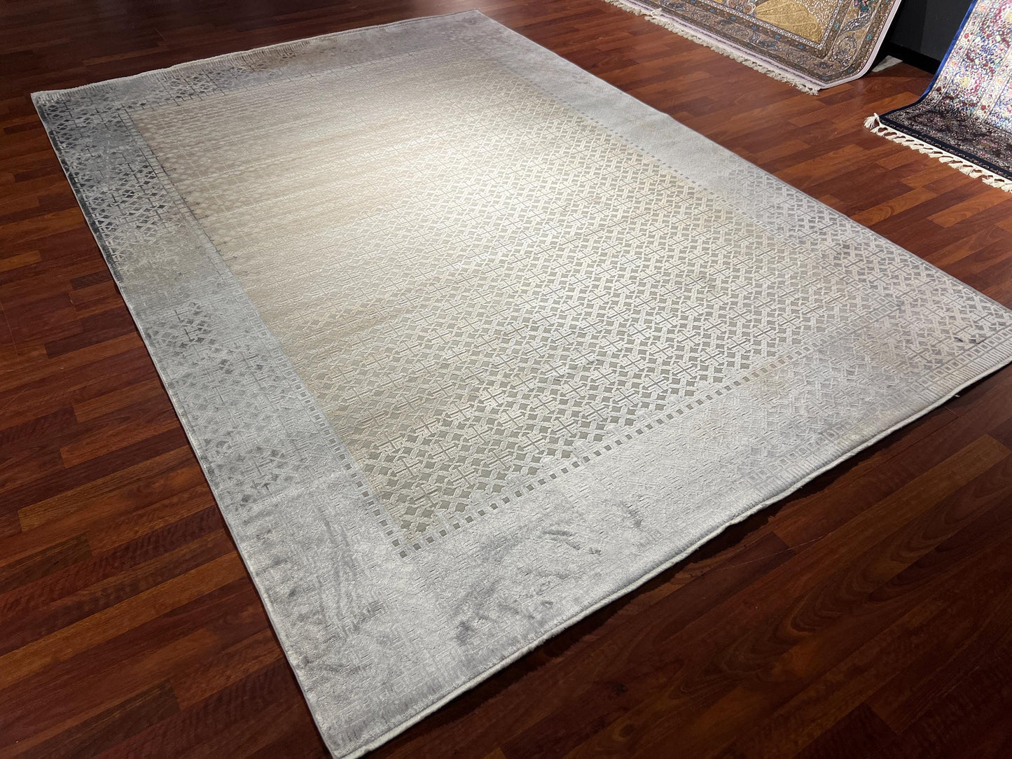 Beige Gray Rug 7x10, Modern Bamboo Carpet, Living Room Rug, Large Area Rug, Luxury Decor